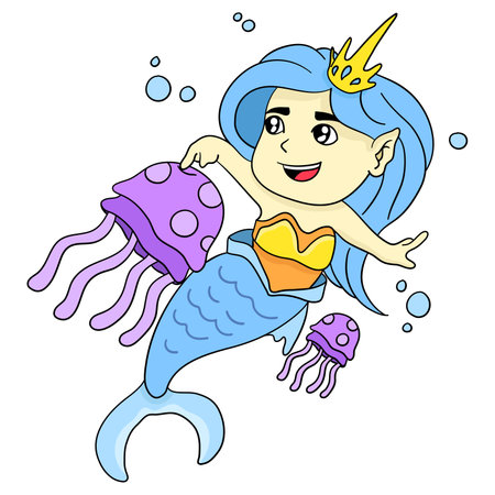 mermaids swim with jellyfish. cartoon illustration cute stickerのイラスト素材