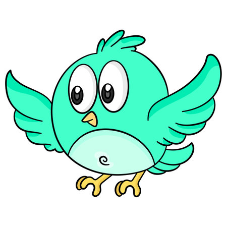a cute little green bird is flying. cartoon illustration cute stickerのイラスト素材