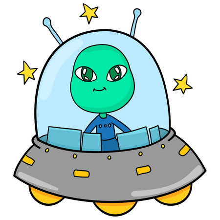 aliens are flying using ufo planes. cartoon illustration cute stickerのイラスト素材