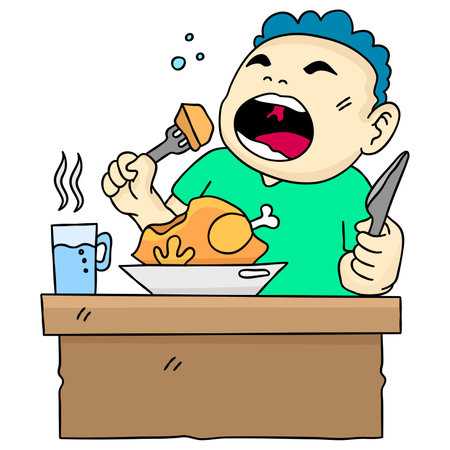 Fat boy enjoying his meal. cartoon illustration cute stickerのイラスト素材