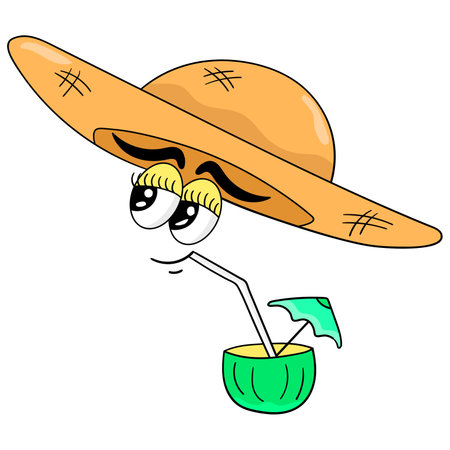 cartoon mascot drinking young coconut. cartoon illustration cute stickerのイラスト素材