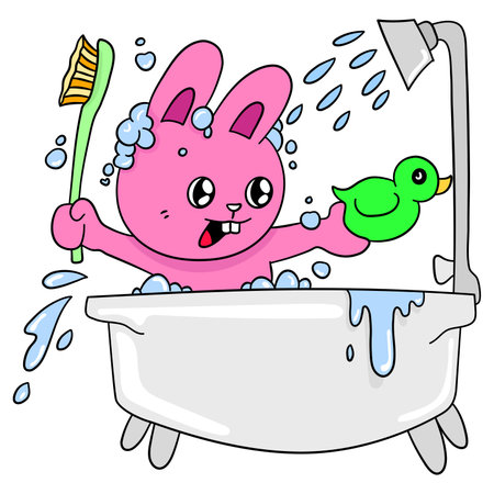 little bunny is taking a shower. cartoon illustration cute stickerのイラスト素材