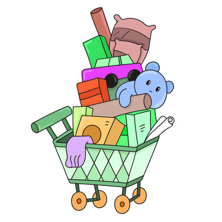 grocery cart full of goodies. vector illustration cartoon doodle artのイラスト素材