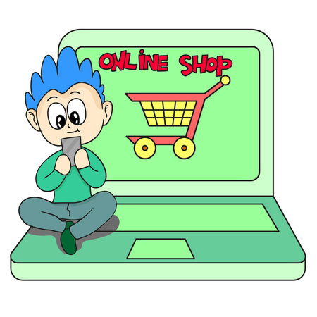 online shopping new trend technology. cartoon illustration stickerのイラスト素材