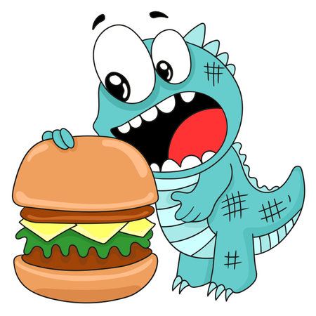dinosaur cartoon eating burger. cartoon illustration sticker emoticonのイラスト素材