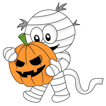 mummy walking bring halloween pumpkin. cartoon illustration sticker emoticonのイラスト素材