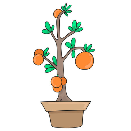 orange fruit plant in the pot. cartoon illustration sticker emoticonのイラスト素材