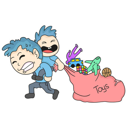 a father takes his son shopping for toys. cartoon illustration sticker emoticonのイラスト素材