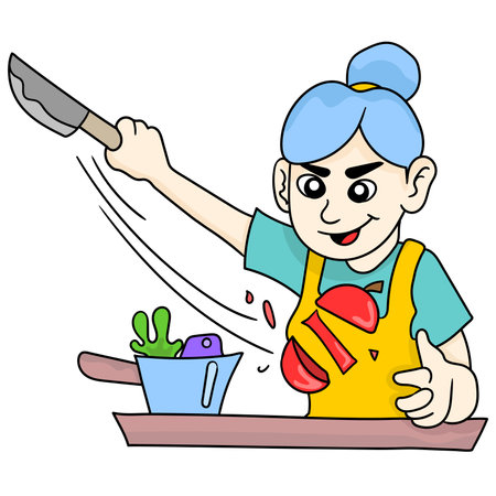 female chef skills in chopping vegetables. cartoon illustration sticker emoticonのイラスト素材