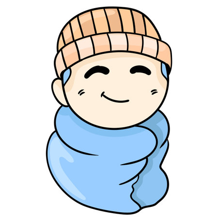 the boy was blanketed and smiling. cartoon illustration sticker emoticonのイラスト素材