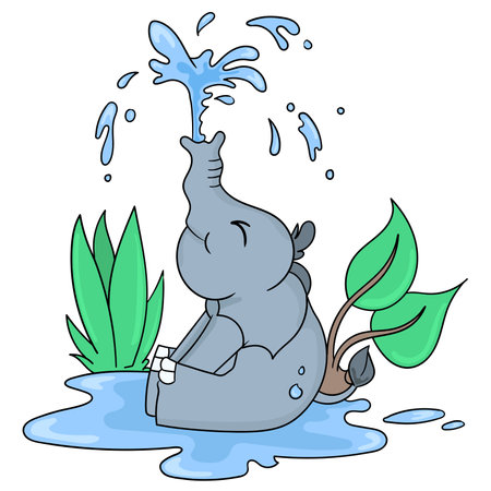 happy elephant animal bathing in water. cartoon illustration sticker emoticonのイラスト素材