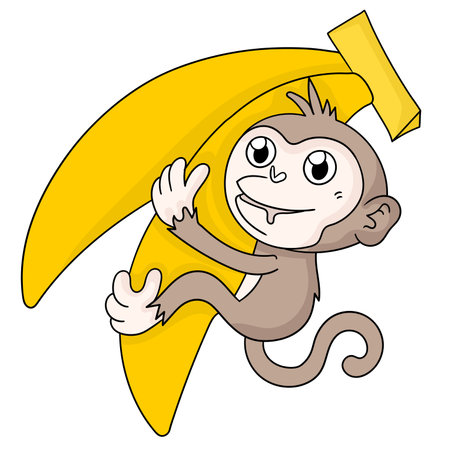 cute little monkey hugging a banana. cartoon illustration sticker emoticonのイラスト素材