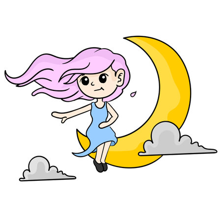 a woman sitting on a crescent moon. cartoon illustration sticker emoticonのイラスト素材