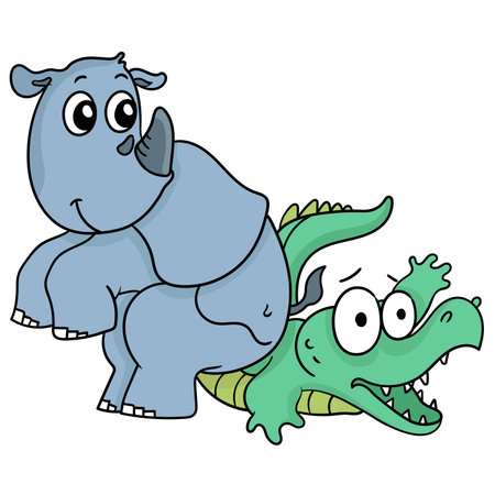 a crocodile is being squeezed by a rhino. cartoon illustration sticker emoticonのイラスト素材