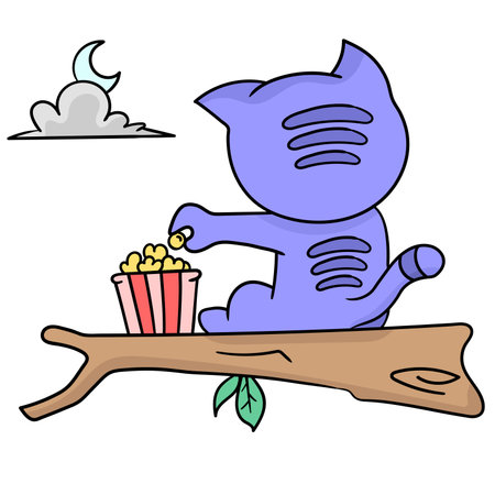 a cat is sitting eating popcorn enjoying a crescent moon night. cartoon illustration sticker emoticonのイラスト素材
