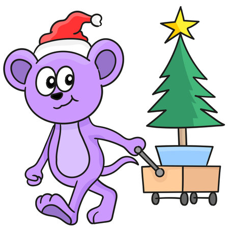 cute monster is carrying pine tree for Christmas decoration. cartoon illustration sticker emoticonのイラスト素材