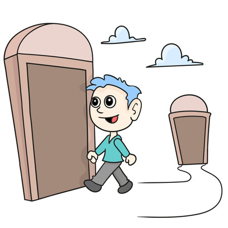 a man was walking from door to door. cartoon illustration sticker emoticonのイラスト素材