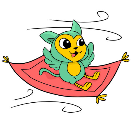 a flying bird riding a magic carpet. cartoon illustration sticker emoticonのイラスト素材