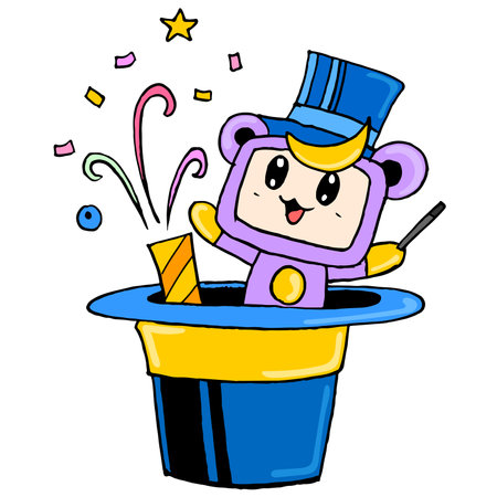 a magic cute creature appeared surprisingly from the hat. cartoon illustration sticker emoticonのイラスト素材