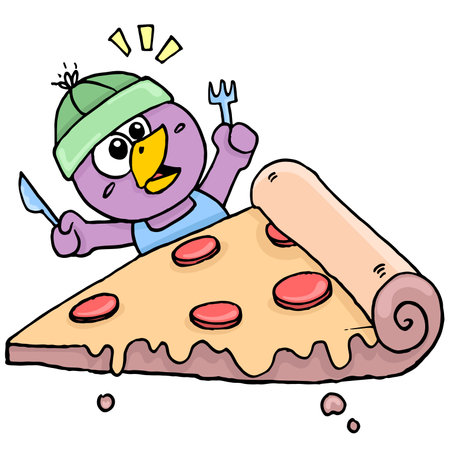 cute creature is eating jumbo pizza. cartoon illustration sticker emoticonのイラスト素材