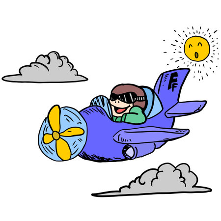an airplane is flying through the clouds in the sky. cartoon illustration sticker mascot emoticonのイラスト素材