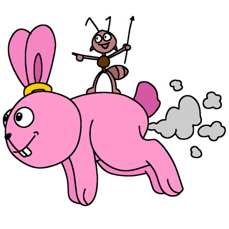 a rabbit running carrying his ant friend. cartoon illustration sticker mascot emoticonのイラスト素材