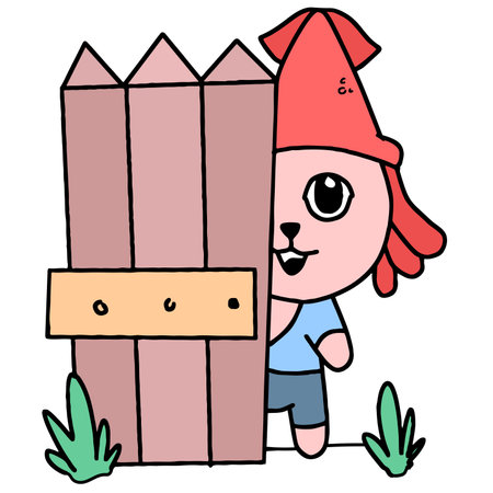 the little boy is hiding behind the fence. cartoon illustration sticker mascot emoticonのイラスト素材