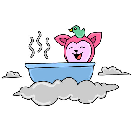 small children bathe in bathup with warm water. cartoon illustration sticker mascot emoticonのイラスト素材