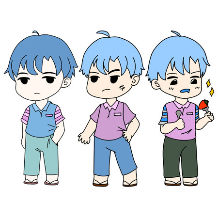the boy character is expressing in many poses. cartoon illustration sticker mascot emoticonのイラスト素材