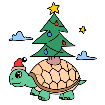 a turtle carrying a Christmas tree on its back. cartoon illustration sticker mascot emoticonのイラスト素材