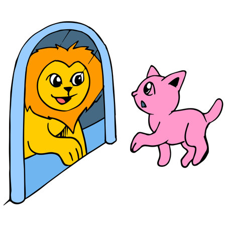 little cat is visiting the lion at the zoo. cartoon illustration sticker mascot emoticonのイラスト素材