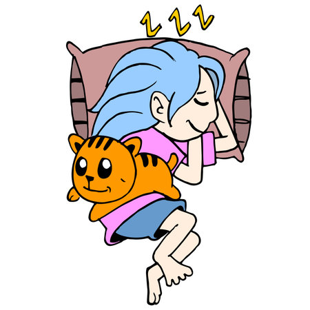 woman is sleeping with her cute pet cat. cartoon illustration sticker mascot emoticonのイラスト素材