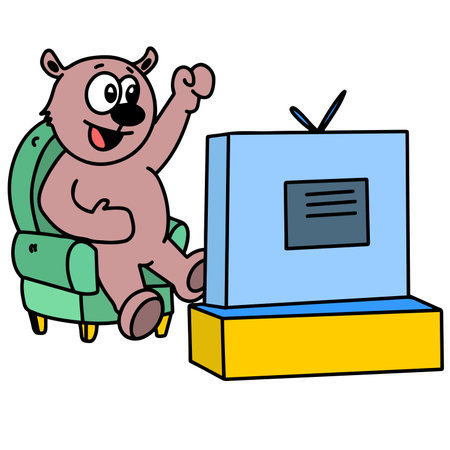 the bear is watching television. cartoon illustration sticker mascot emoticonのイラスト素材