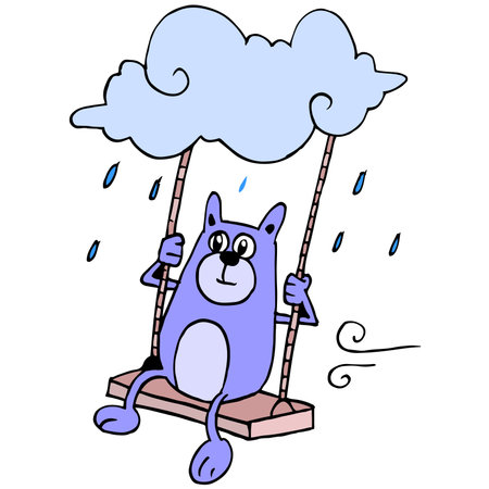 a cute creature on the swing when it rains. cartoon illustration sticker mascot emoticonのイラスト素材