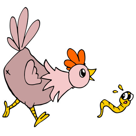 a chicken is teaching earthworms to eat. cartoon illustration sticker mascot emoticonのイラスト素材
