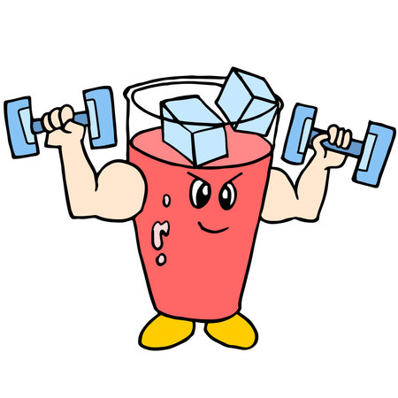 a glass of red ice with a cartoon face lifting a barbell. cartoon doodle sticker drawのイラスト素材