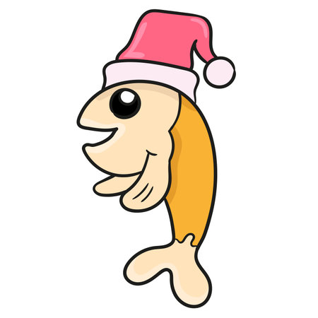 gold fish with a santa claus hat. doodle icon image. cartoon caharacter cute doodle drawのイラスト素材