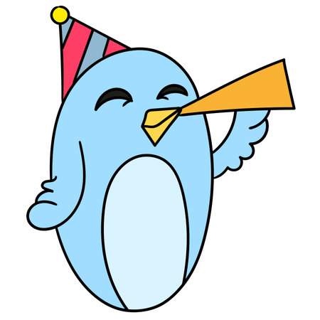 birthday blue bird blowing trumpet. cartoon caharacter cute doodle drawのイラスト素材