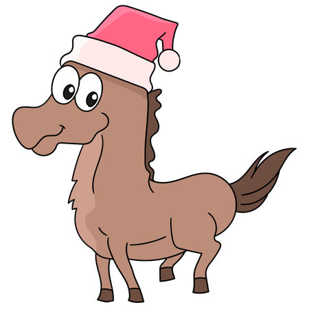 the horse in the christmas hat. cartoon caharacter cute doodle drawのイラスト素材