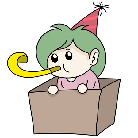 cute little boy playing in the box. doodle icon image. cartoon caharacter cute doodle drawのイラスト素材