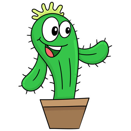 cactus plant with laughing face doodle kawaii. doodle icon image. cartoon caharacter cute doodle drawのイラスト素材