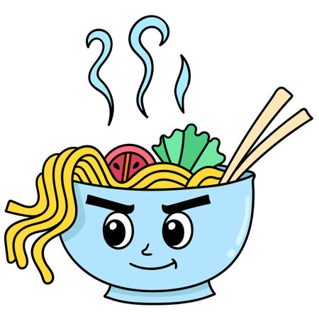 emoticon bowl of noodles with cute smiling face, character cute doodle draw. vector illustrationのイラスト素材