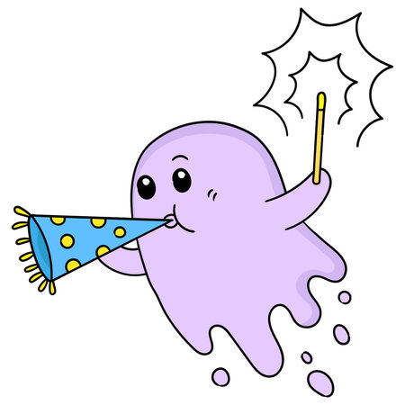 cute ghost is celebrating the new year by lighting fireworks, character cute doodle draw. vector illustrationのイラスト素材