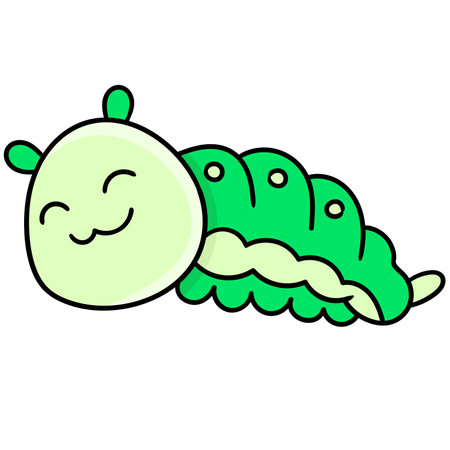 green leaf caterpillar with a smiling face, doodle icon image. cartoon caharacter cute doodle drawのイラスト素材