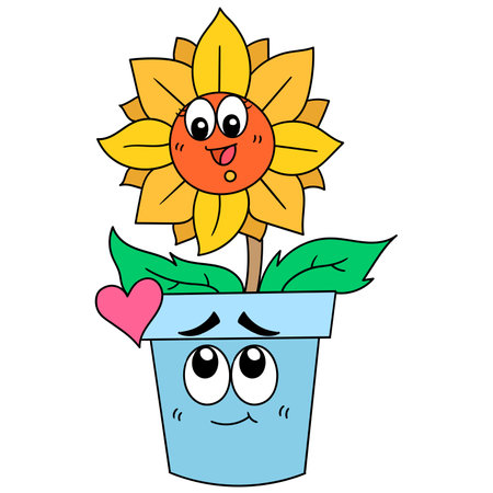sunflowers growing in lush pots are beautiful expressions of happy laughter, character cute doodle draw. vector illustrationのイラスト素材