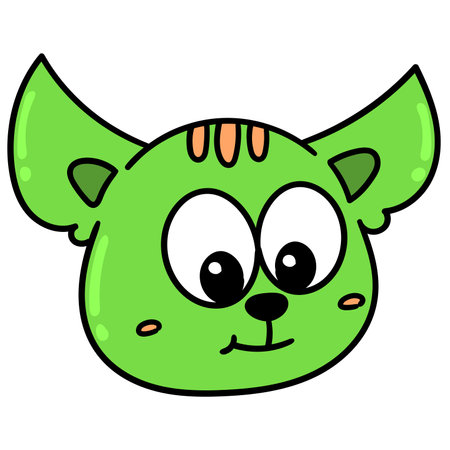 green cat head emoticon with cute face, doodle draw kawaii. vector illustration artのイラスト素材