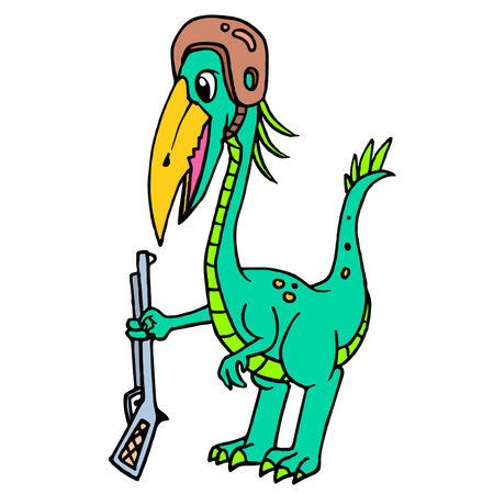 dinosaur emoticon using helmet carrying shotgun rifle, doodle draw kawaii. vector illustration artのイラスト素材