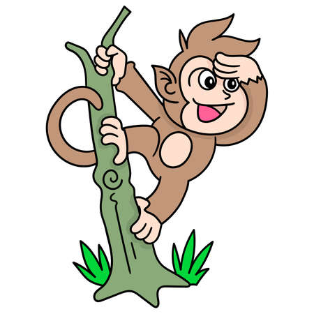 a monkey playing hanging on a tree, doodle draw kawaii. vector illustration artのイラスト素材