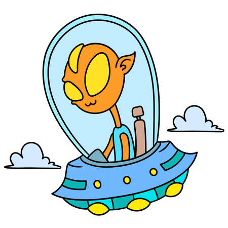 aliens fly using advanced flying saucers, doodle draw kawaii. vector illustration artのイラスト素材