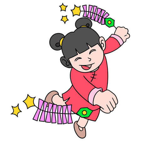 chinese girl dancing happily carrying firecrackers during the chinese new year, doodle draw kawaii. vector illustration artのイラスト素材